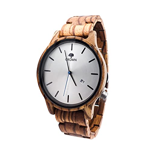 Holzuhr Herren Crown Holzarmbanduhren für Herren | Zandel Holz ideal für Allergiker | Holzuhren Männer mit japanischem Quarz-Uhrwerk, Schweizer Krone | Männeruhr Holz 50 Gramm Ziffernblatt 40 mm (397)