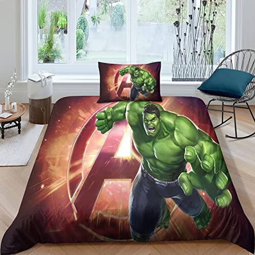 WADRI Hulk Bettwäsche-Set, 3D-Superhelden-Bettbezug, Pflegeleichtes Bettbezug-Set, Jungen- Und Mädchen-Geschenk, Bettwäsche Mit Kissenbezug, 135X200cm