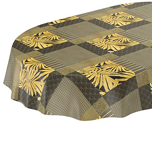 ANRO Tischdecke Wachstuch abwaschbar Wachstuchtischdecke Wachstischdecke Palme Gold Beige-Grau Oval 220x140cm