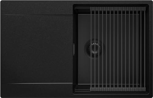 Spülbecken Alles Schwarz 78x50 cm, Granitspüle + Ablauf-Set Schwarz, Küchenspüle für 50er Unterschrank, Einbauspüle von Primagran