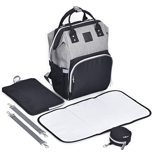 Daliya® PAKMI Wickelrucksack mit Schnullertasche & Wickelunterlage & Wickelunterlagentasche & Schlüsselanhänger - Wickeltasche Mamabag Tasche Rucksack mit viel Stauraum - Grau Schwarz