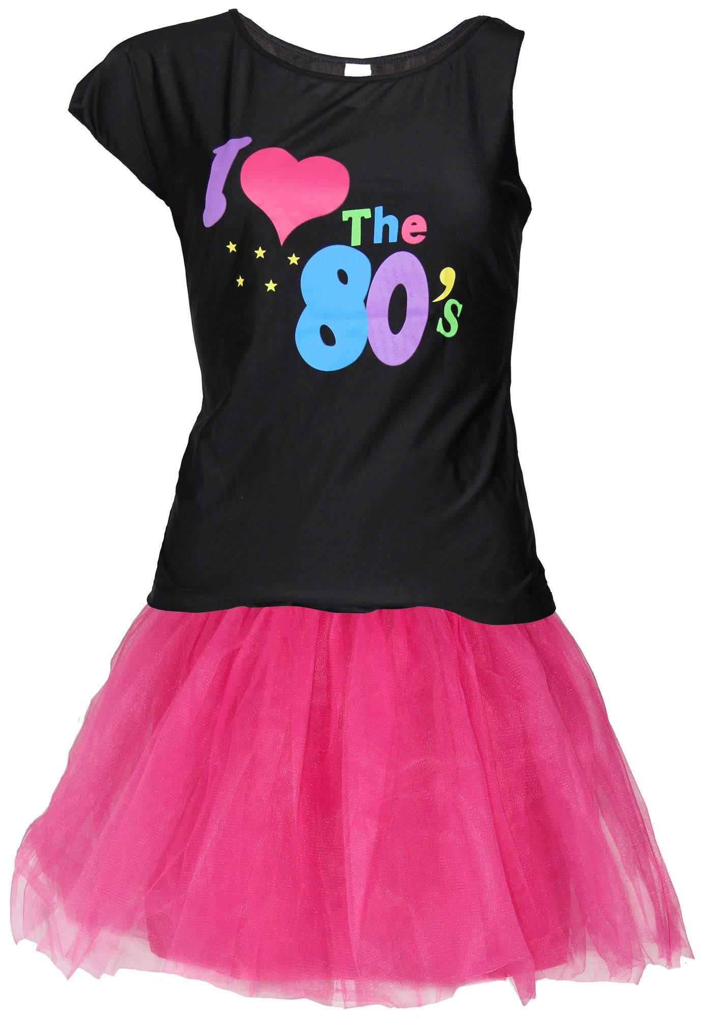 80er Jahre Damen Kostüm - pinkes Tutu und schwarzes neon Shirt - Größe S-XXL - Ballet Fasching Karneval Tüll Rock kurz, Größe:XL
