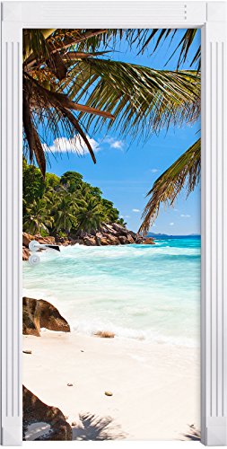 Stil.Zeit Möbel Palmenstrand Seychellen als Türtapete, Format: 200x90cm, Türbild, Türaufkleber, Tür Deko, Türsticker