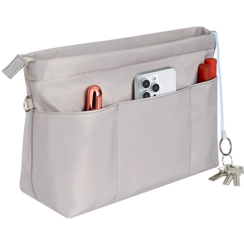 SHINGONE Handtaschen Organizer mit Schlüsselbund Taschenorganizer Wasserdicht, Innentaschen Fuer Handtaschen Organizer, Kosmetik Organizer mit Reißverschluss Grau -L