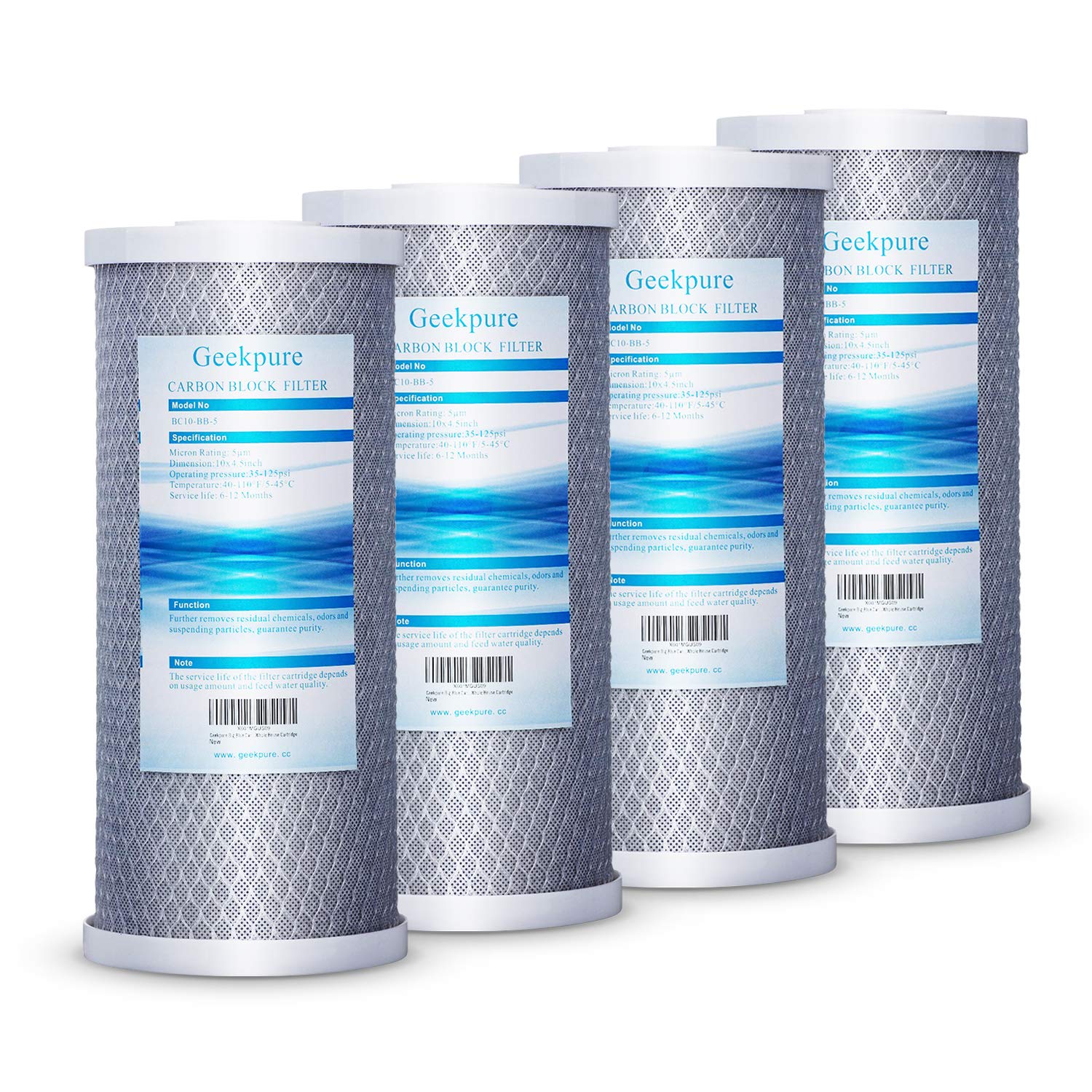 Geekpure 4,5 "x 10" Carbon Block Ersatzfilter für ganzes Haus Wasserfiltrationssystem 5 Mikron -Pack von 4