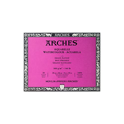 Arches 1711603 Aquarell Block, 20 Blatt Aquarellpapier in Naturweiß, 300g/m², hohe Farbechtheit, Alterungsbeständigkeit, Satiniert, 20 x 26cm