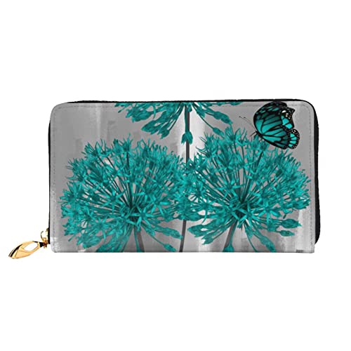 Damen-Geldbörse mit Reißverschluss, lange Leder-Geldbörse, Clutch, Sommer, Meerjungfrau, bedruckte Geldbörse, Graues Blaugrünes Blumenschmetterling, Einheitsgröße, Modern