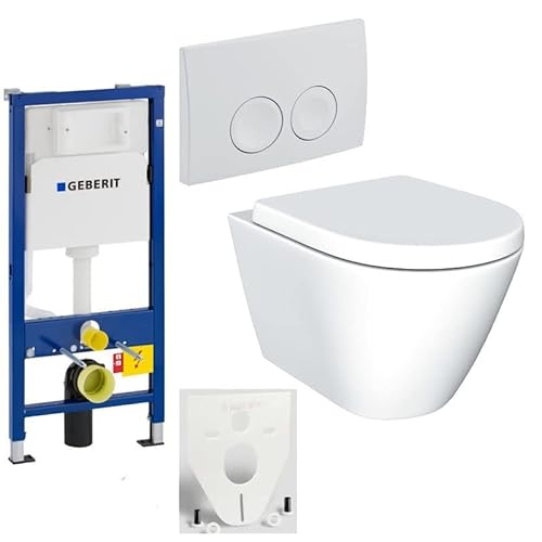 GEBERIT Duofix Vorwandelement Basic + Wand Tiefspül WC MODERN LIFE SPÜLRANDLOS + WC-Sitz + Betätigungsplatte DELTA21