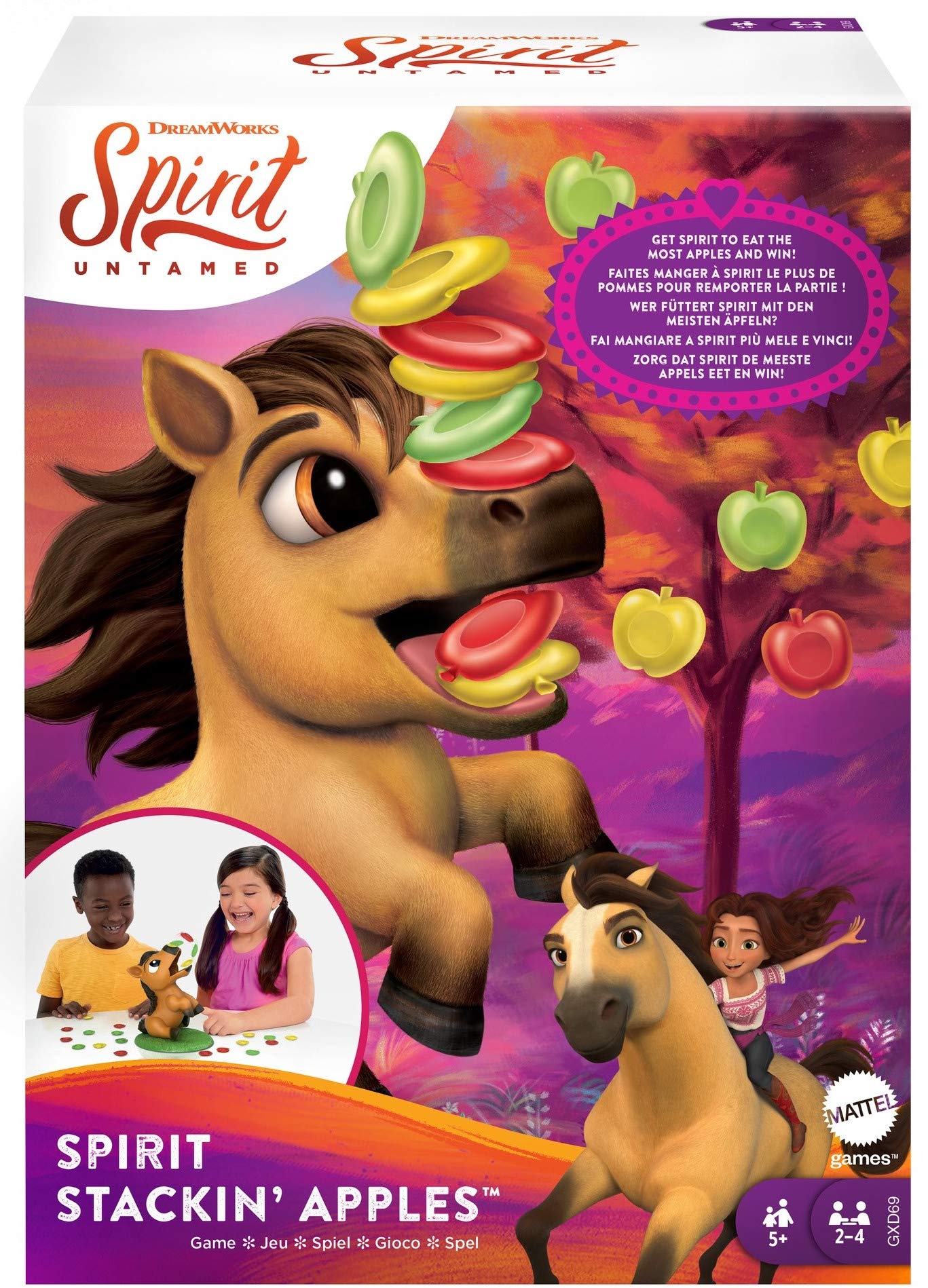 Mattel Games GXD69 - Spirit Untamed Stackin' Snackin' Apples Kinderspiel, Stapelspaß mit dem hungrigen Pferd für 2, 3 oder 4 Spieler ab 5 Jahren