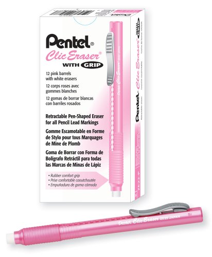 Pentel ZE22P Clic Radiergummi-Griff, einziehbarer Radiergummi, pinker Schaft, 12 Stück