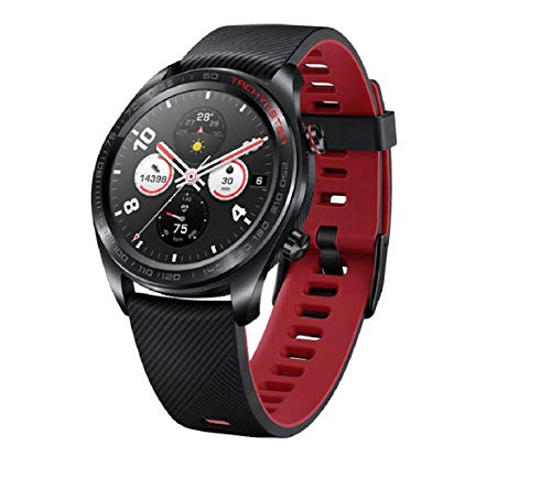 HONOR Smartwatch im klassischen Uhrendesign mit 3 cm (1,2 Zoll) AMOLED Display, Meteorite Black + Rotes Silikon Armband
