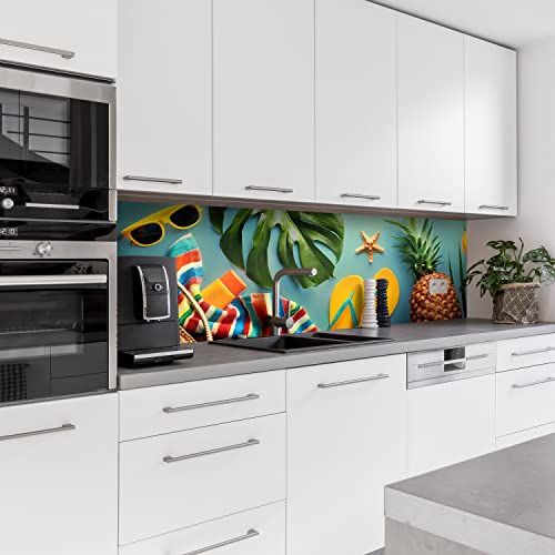 Dedeco Küchenrückwand Motiv: Holiday V1, 5mm Hartschaum Kunststoffplatte PVC als Spritzschutz Küchenwand Wandschutz wasserfest, inkl. UV-Lack glänzend, alle Untergründe, 220 x 60 cm