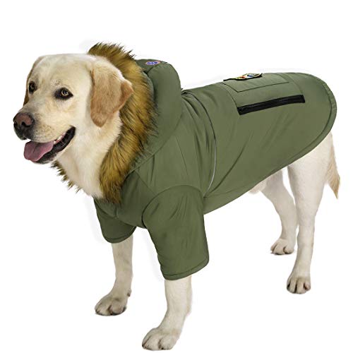 Miaododo Große Hunde-Daunenjacke mit Kapuze, wasserdicht, reflektierend, warm, Hundekleidung, dick gepolstert, für mittelgroße Hunde, mit echter Tasche (Brustumfang: 80 cm, Armeegrün)