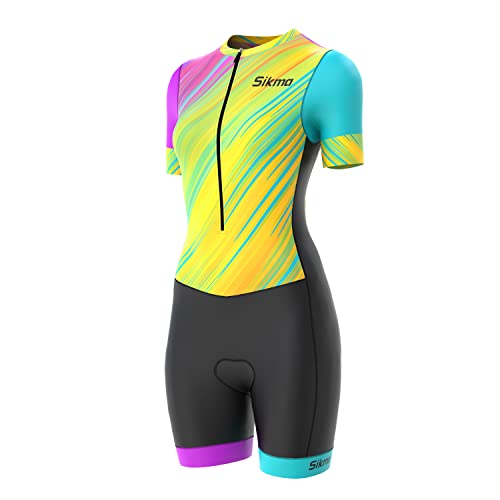 Damen Radsport-Skinsuit für Damen, gepolstert, einteilig, Trisuit Bike Top, kurz, sublimiertes Design, schwarz / gelb, 46