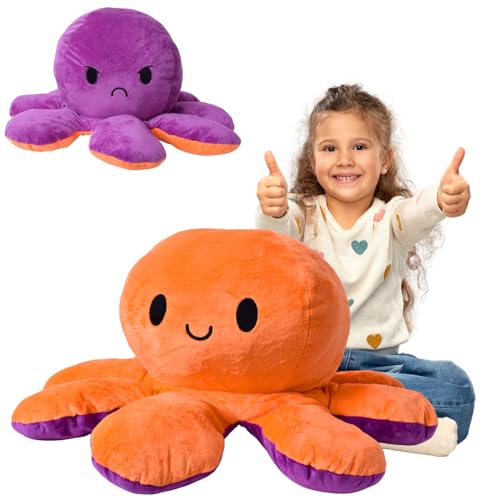 TE-Trend Kissen 80cm Wendekissen Wende Octopus Flip Plüschtier XXL Stimmungs Kuscheltier mit 2 Gesichtern Stofftier Geschenk Orange Lila
