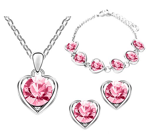 Mianova Damen 3 teiliges Set Silber in Herz Form mit runden Swarovski Elements Kristallen - Ohrringe Armband und Kette Pink