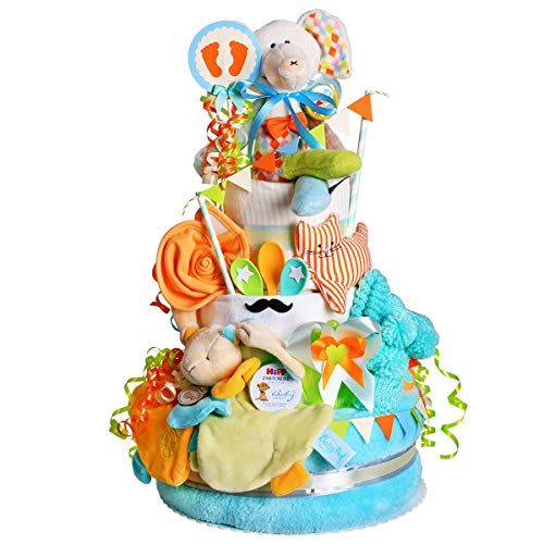 MomsStory – Windeltorte Junge | Windelgeschenk Elefant | Baby-Geschenk zur Geburt Taufe Babyparty | Babytorte 3 Stöckig (Türkis-Orange) XXL Geburtsgeschenk mit Kuscheltier Strickschuhe Windeln & mehr