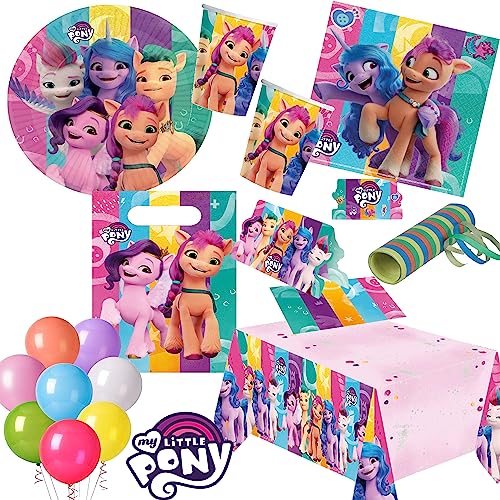 Carpeta 101 Teile * My Little Pony * Party-Set für Kindergeburtstag mit 8 Kindern: Teller + Becher + Servietten+ Einladungen + Partytüten + Tischdecke + Luftschlangen + Ballons | Geburtstag Deko