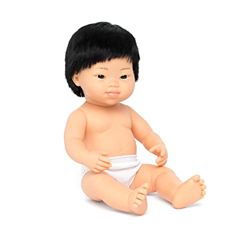 Miniland Dolls: asiatische Babypuppe Junge, mit Down Syndrom aus weichem Vinyl, 38 cm, in transparenter Tüte. (31235)