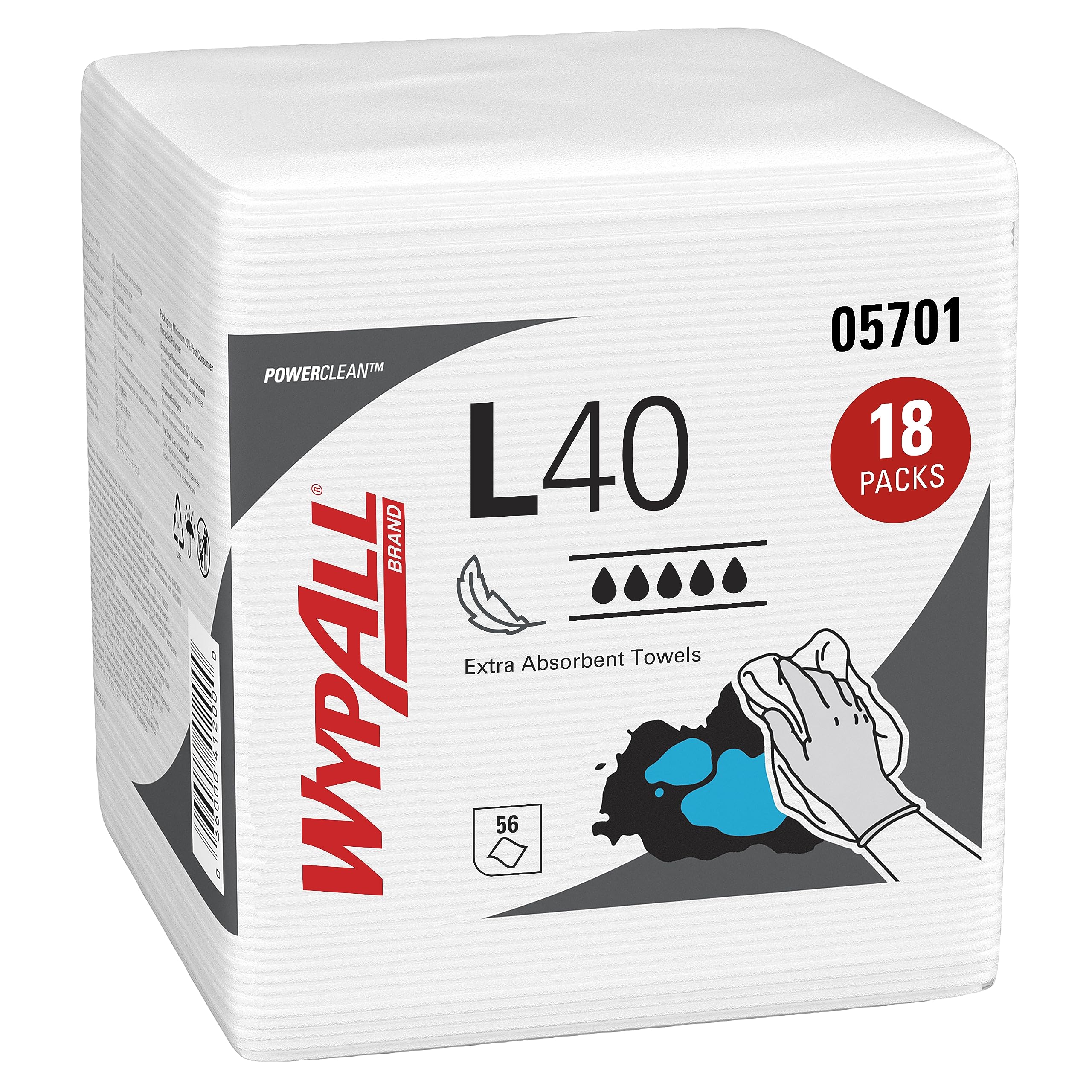 WypAll L40 Extrasaugfähige Tücher 7471 – Einmaltücher – 18 Packungen mit je 56 viertelgefalteten weißen Tüchern (gesamt 1.008 Wischtücher)