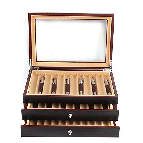 Stiftebox Holz für 34 Füller Stifte Kugelschreiber Federhalter Display Box Organizer Box mit Glasfenster Drei Ebene Vitrine mit Schubladen