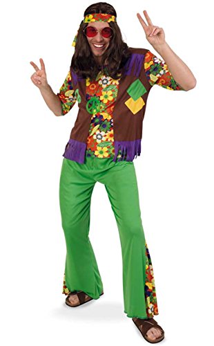KarnevalsTeufel Hippie Boy zweiteiliges Hippiekostüm Flower-Power-Outfit Hippie-Stinband (L)