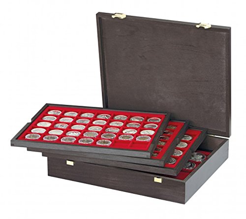 LINDNER 2494-1 CARUS Echtholz Münzkassette mit 4 versch. Tableaus für 127 Münzen von 30-47mm Ø
