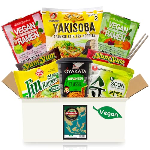 Vegane Nudelstraße Box mit Instant-Nudeln - 8 Veggie Ramen und Nudelsuppen aus Japan, Korea und Thailand, zufälliger Mix aus vielseitigen Geschmacksrichtungen und Sorten - Vegetarische Asia Food Box