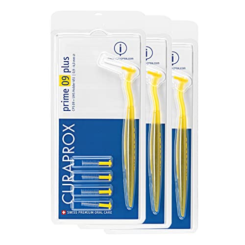 Curaprox Interdentalbürsten CPS 09 prime plus (Bundle 3 Stück), gelb, 4 mm Wirksamkeit, Set mit 15 Zahnzwischenraum-Bürsten CPS prime 09 und 3 Halter UHS 451