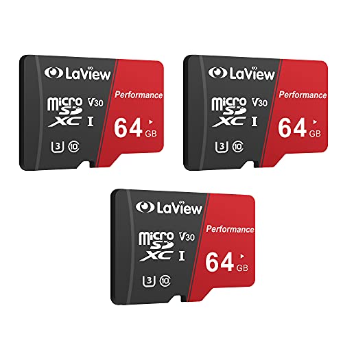 LaView 64 GB x 3 Micro SD Karte, Micro SDXC UHS-I Speicherkarte - 95MB/s, 633X, U3, C10, Full HD Video V30, A1, FAT32, High Speed Flash TF Karte P500 für Handy/Tablet/PC/Computer mit Adapter