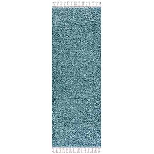 carpet city Teppich Wohnzimmer - Shaggy Hochflor Blau - 80x400 cm Einfarbig - Moderner Teppich Läufer mit Fransen
