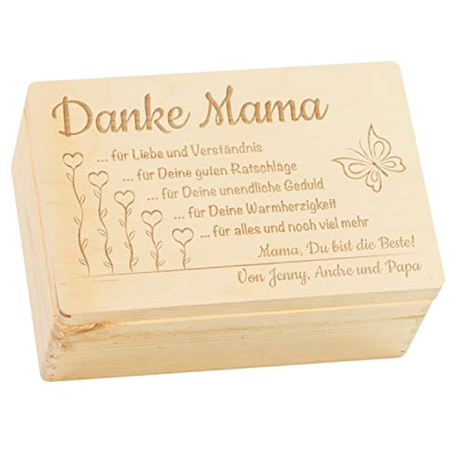 LAUBLUST Holzkiste mit Gravur - Personalisiert mit ANREDE | Spruch | WIDMUNG - Größe M - Danke Mama Motiv - Geschenkkiste für Mama