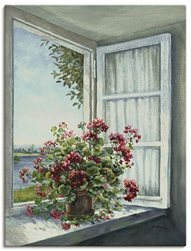 Artland Qualitätsbilder I Bild auf Leinwand Leinwandbilder Wandbilder 45 x 60 cm Botanik Blumen Geranie Malerei Weiß A5SA Geranien am Fenster
