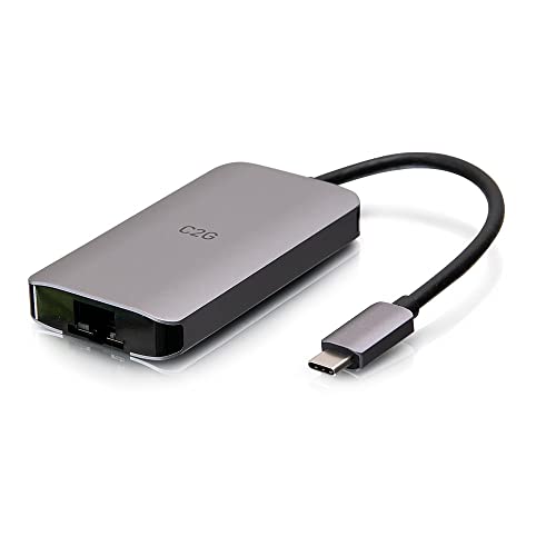 C2G USB-C 8-in-1 Mini-Dockingstation mit HDMI, 2x USB-A, Ethernet, SD-Kartenleser und USB-C-Ladefunktion, Strom Delivery bis zu 100 W, 4K @ Auflà¶sung 30 Hz.