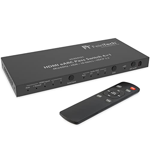 FeinTech VAX04101A HDMI eARC Pass Switch 4x1, für 3 HDMI-Quellen, Soundbar und TV Beamer 4K HDR Dolby Atmos