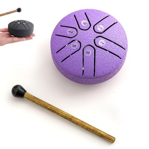 Stahlzungentrommel, 7,6 cm, 6 Noten, Mini-Handpan-Trommel for Erwachsene, Schlagzeug-Set, Schlaginstrument for Meditation, Mini-Handpan-Trommel, Buddha Stones, Mini-Stahlzungentrommel (Color : Purple