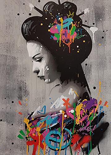 HONGC Bilder auf Leinwand Street Culture Charakter Graffiti Kunstwerk japanische Geisha Leinwand Gemälde Moderne Innendekoration Malerei 75 x 115 cm ohne Rahmen