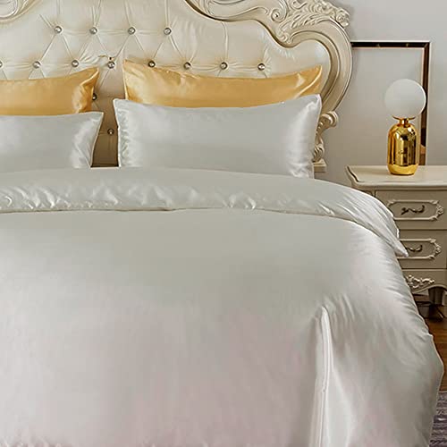HYSENM Satin Bettwäsche 220 x 230 cm Seide Luxus Bettbezug Set Microfaser Bettbezug+ 2 Kissenhülle 50 x 70 cm einfarbig glatt bequem elegant, Weiß