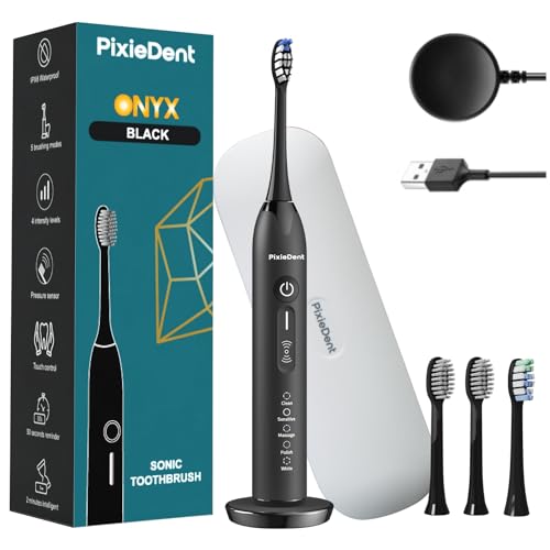 PixieDent Onyx Elektrische Zahnbürste Schallzahnbürste 96000VPM Intelligenten Timer IPX8 Reiseetui 4 Bürstenköpfe