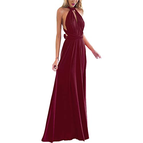 Damen Frauen Multi-tragen Kreuz Halfter Abendkleid Brautjungfer Langes Kleid Multiway-Kleid V-Ausschnitt Rückenfrei Maxikleid Sommerkleider Strandkleid Cocktailkleid Partykleid Burgund 40