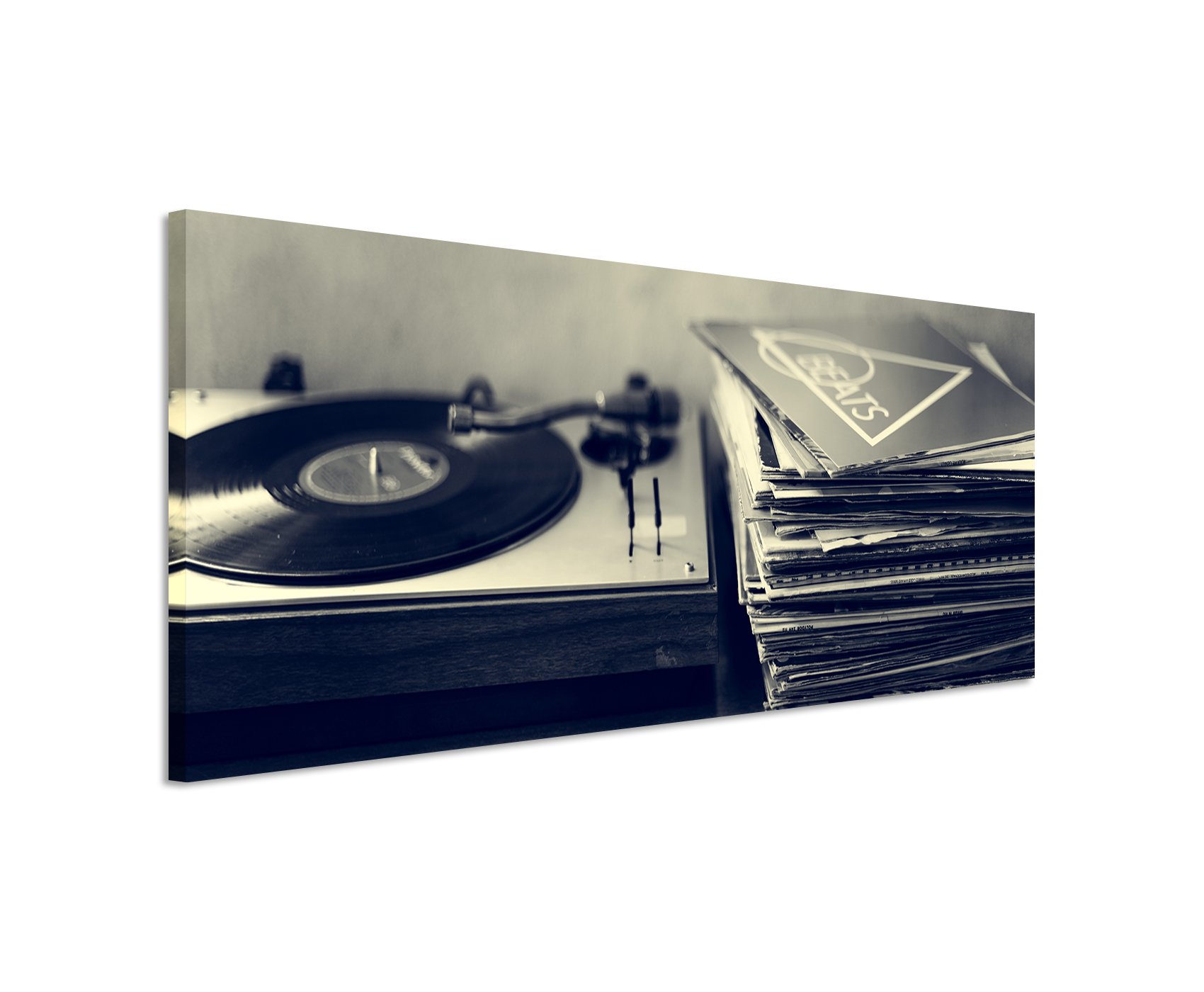 Unique Bild 120x40cm Kunstbilder – Schallplattenspieler und Vinyl schwarz weiß