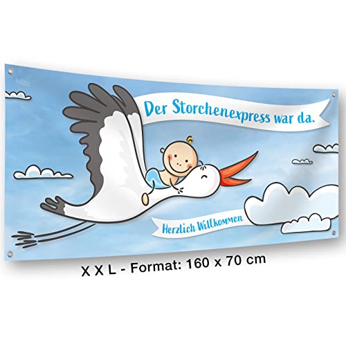 Beschreibbarer Banner zur Geburt von Jungen » HERZLICH WILLKOMMEN BABY - Mit großem Storch » Der Storchenexpress war da › 160 cm breit › Geschenk zur Geburt (Blau - Junge)