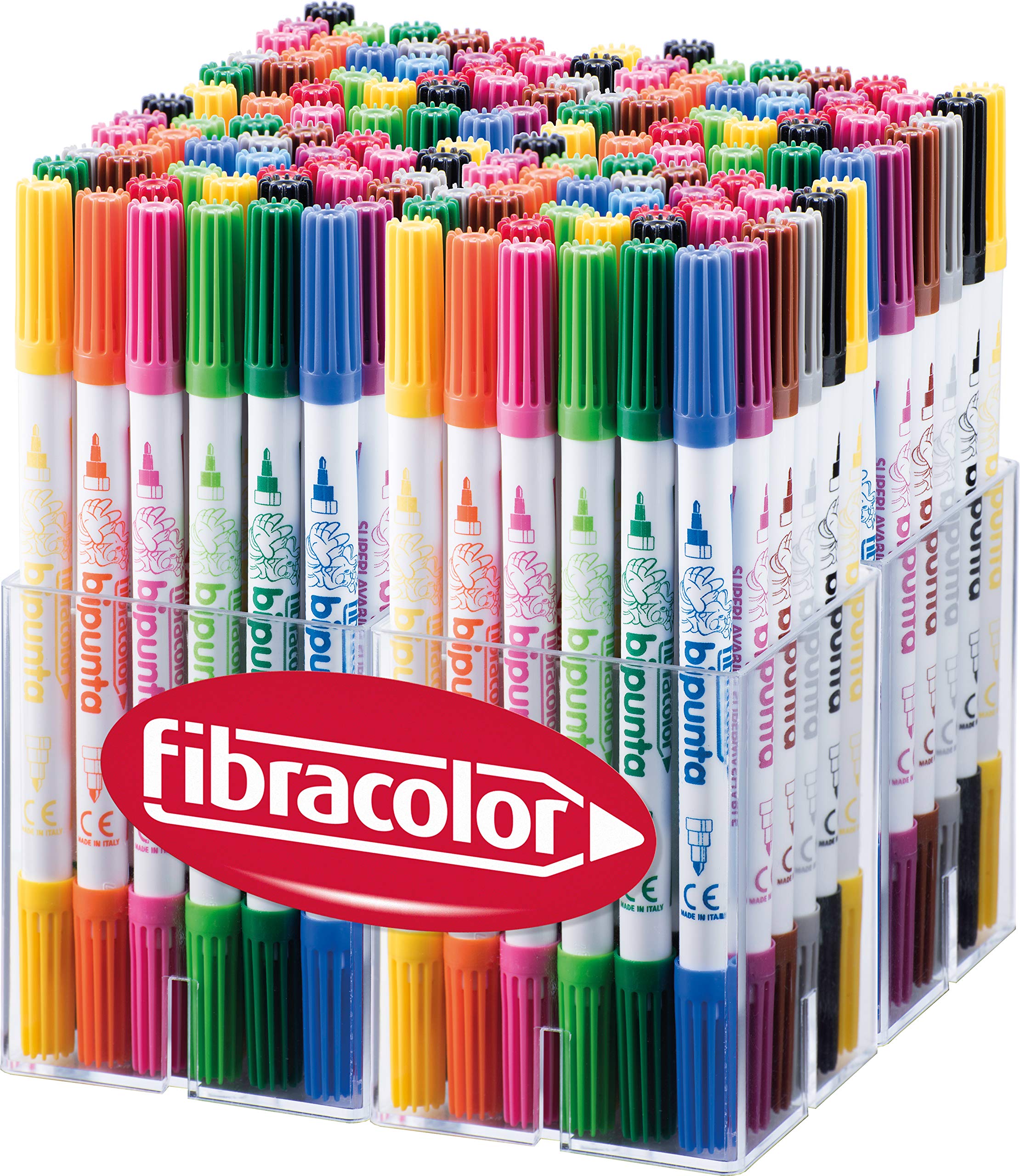 FIBRACOLOR Marker, 144 Stück, 12 Stück von je 12 Farben, konische Spitze und feine Spitze, doppelte Schreiblinie, super waschbar