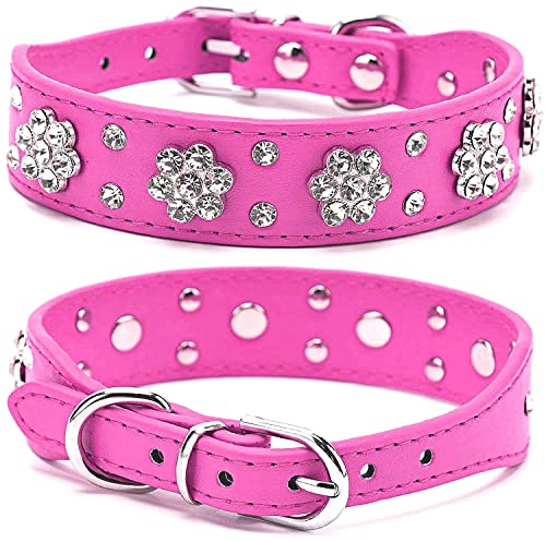 Strass Hundehalsband, niedliche Blume Strass Katze Hundehalsband Bling Halsband PU Leder Halsband Verstellbare Größen Small Medium Large (L, Hot Pink)