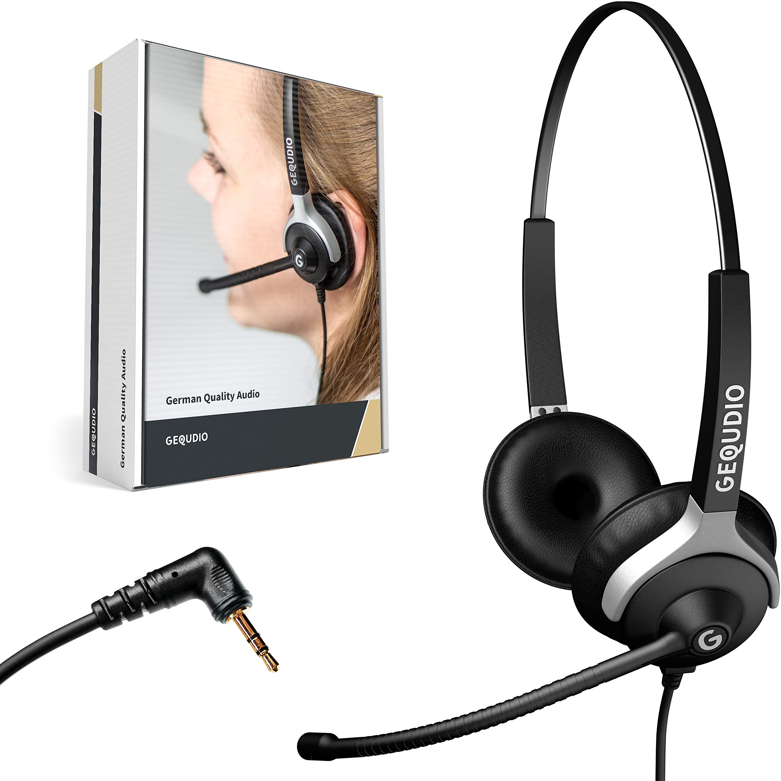 GEQUDIO Headset mit 2,5mm Klinke kompatibel mit Gigaset, Panasonic DECT Schnurlostelefon - Kopfhörer & Mikrofon mit Ersatz Polster - besonders leicht 80g (2-Ohr)