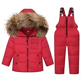 Kinder Bekleidungsset Junge Mädchen Süß Schneeanzug mit Kaputze Daunenjacke + Skihose 2tlg Verdickte Skianzug Winterjacke, Rot 3-4 Jahre