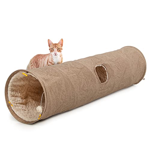 CanadianCat Company ® | XXL Spieltunnel für Katzen mit Kuschelfell | beige | ca. 35 x 150 cm - Variable Form, integriertes Katzenspielzeug