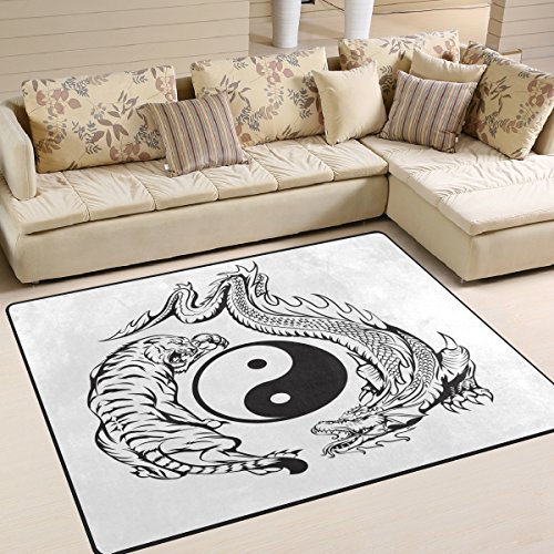 Use7 Drachen-K?mpfer mit Tiger, chinesischer Yin-Yang-Bereich, Teppich f¨¹r Wohnzimmer Schlafzimmer, Textil, Mehrfarbig, 203cm x 147.3cm(7 x 5 feet)