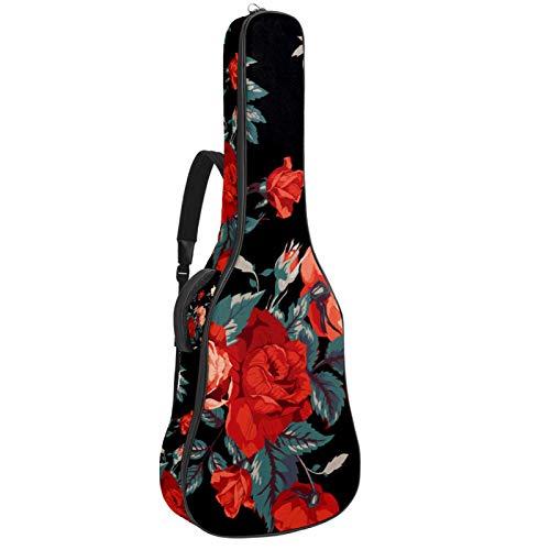 Gitarren-Gigbag, wasserdicht, Reißverschluss, weich, für Bassgitarre, Akustik- und klassische Folk-Gitarre, schwarzer Hintergrund, rote Blume