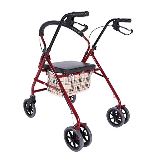 Gehhilfe für Senioren und Damen mit 4 großen Rädern, Sitz und Bremsen, zusammenklappbarer, robuster, aufrechter Gehhilfe, höhenverstellbarer Einkaufswagen, rote Dekoration